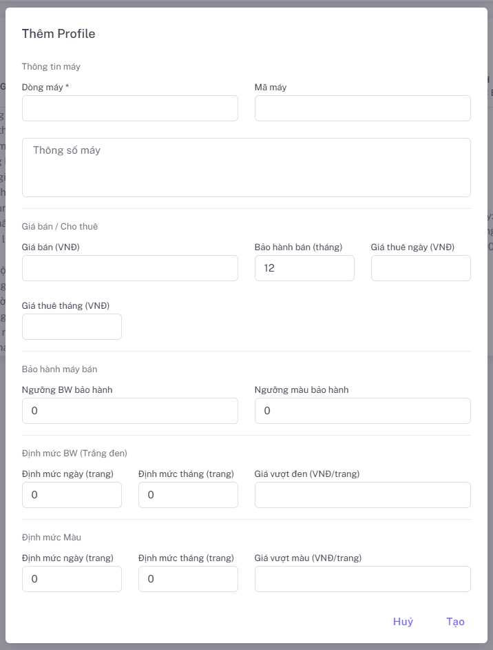 Màn hình tạo Profile máy